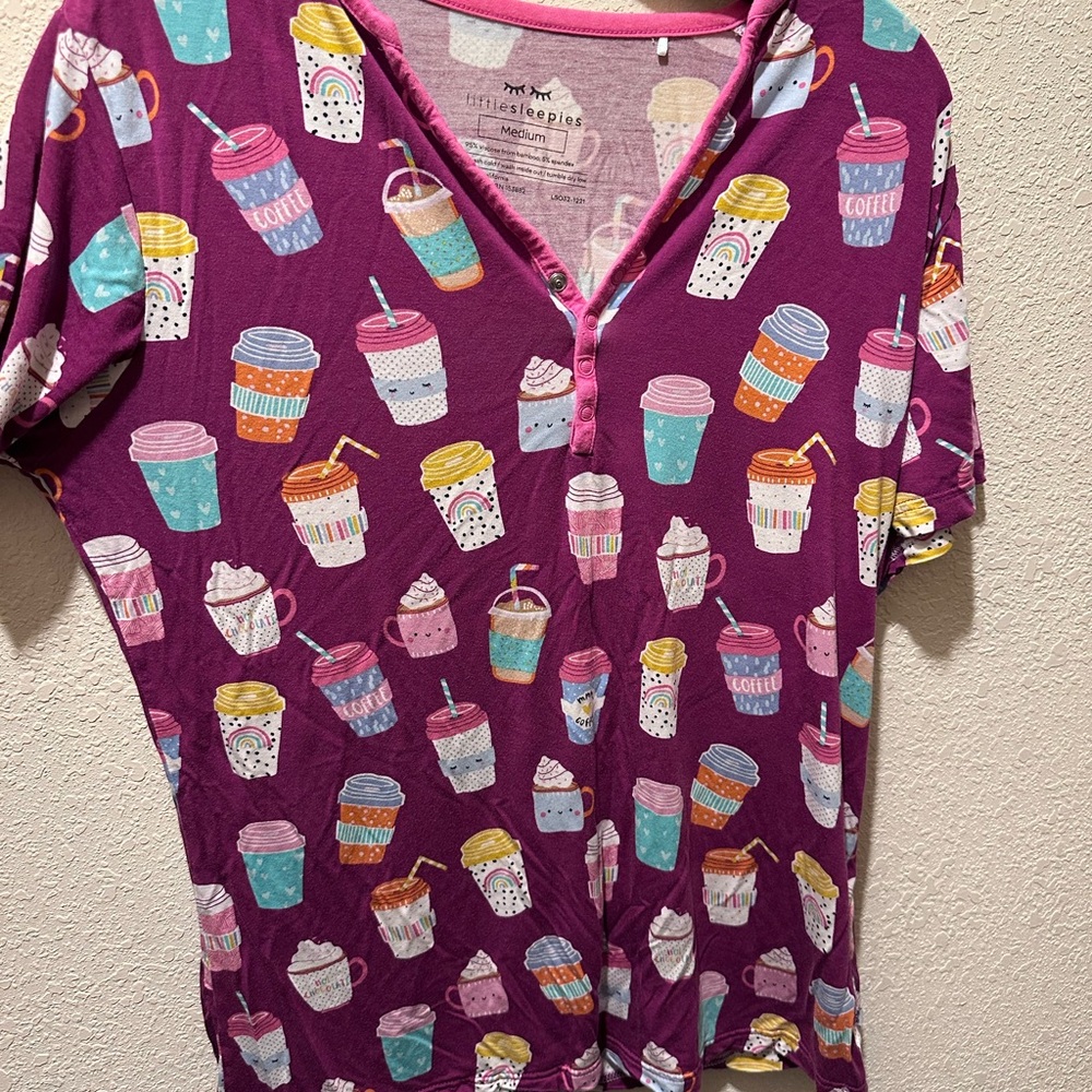 Little Sleepies Purple Pajama Top with Coffee Cup Print